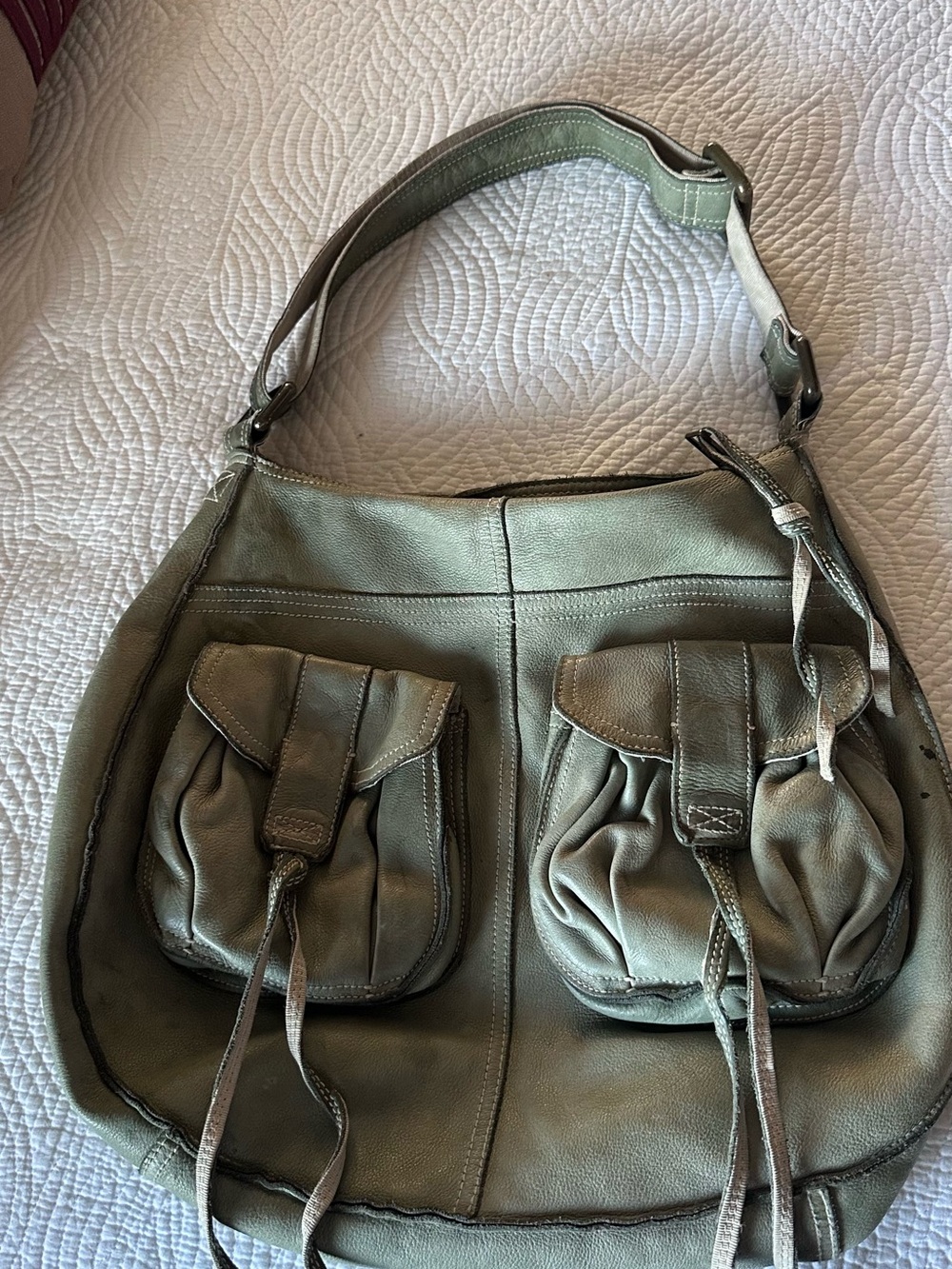 Soft Olive Green Leather Shoulder Bag with Front Pockets